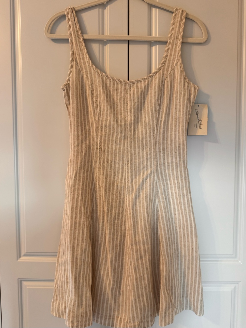 NWT Universal Thread Linen Blend Striped Mini Dress Tan White Pockets